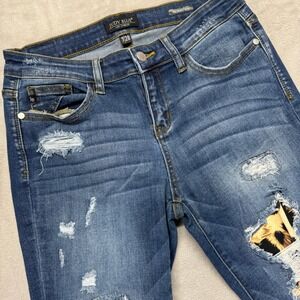 Judy Blue‎ Jeans Women 7/28 Juliana Mid Rise Destroyed Leopard Patch Skinny Blue